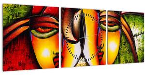 Obraz - Olejomalba, abstraktní obličeje (s hodinami) (90x30 cm)