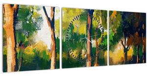 Obraz lesa v letním slunci, malba (s hodinami) (90x30 cm)