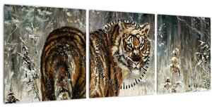 Obraz - Tygr v zasněženém lese, olejomalba (s hodinami) (90x30 cm)