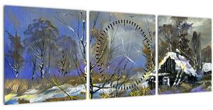 Obraz chaloupky v zimní krajině, olejomalba (s hodinami) (90x30 cm)