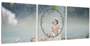 Obraz - Žena na loďce (s hodinami) (90x30 cm)