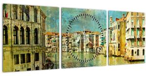 Obraz - Benátský kanál a gondoly (s hodinami) (90x30 cm)