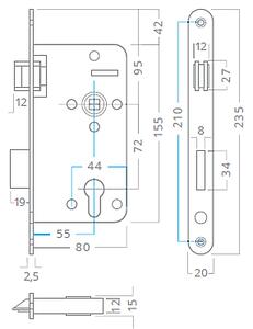 Zadlabací zámek ACT 80 mm (72 mm), WC, klika-klika, WC klíč
