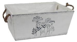 Bílý dřevěný obal- truhlík na květiny s motivem květin- 28x18 cm