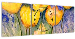 Obraz - Žluté tulipány (s hodinami) (90x30 cm)