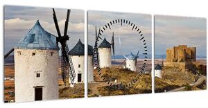 Obraz - Větrné mlýny Consuegra, Španělsko (s hodinami) (90x30 cm)