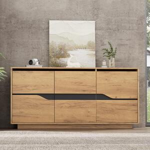 Sweiko 140x40x70 cm komoda do obývacího pokoje, příborník se 3 dvířky, jídelní skříň s nastavitelnými přepážkami, široké skříňky bez úchytek, univerzální odkládací skříňka k pohovce, barva dřeva + černá