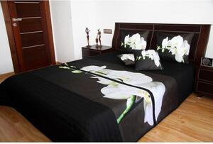 Přehoz na postel černý s bílou orchidejí