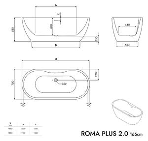 Volně stojící akrylátová vana ROMA PLUS 2.0 165,5 x 74,5 x 58 cm - bílá lesklá