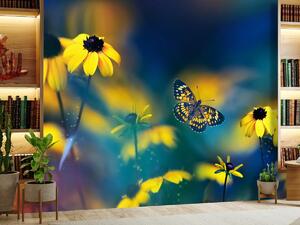 Fototapeta - Žluté květy s motýlem (245x170 cm)