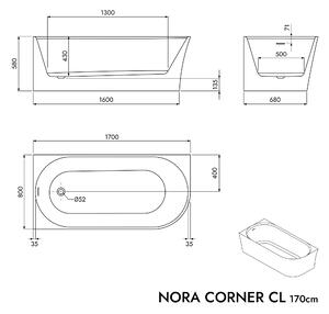 Volně stojící akrylátová vana NORA CORNER - 170 x 80 cmInstalace vlevo - bílá lesklá