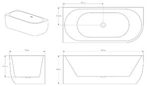 Volně stojící akrylátová vana LENA CORNER170 x 75 x 60 cm - instalace vlevo - bílá lesklá