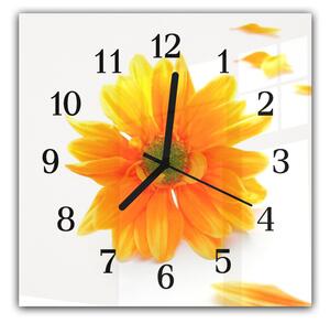 Nástěnné hodiny 30x30cm květ oranžové chryzantémy a okvětní lístky - kalené sklo