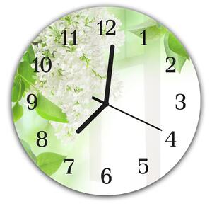 Nástěnné hodiny kulaté pr.30cm bílý květ šeříku a zelené listí - kalené sklo