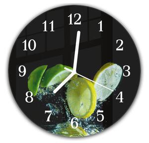 Nástěnné hodiny kulaté pr.30cm čerstvé ovoce zelené limetky, černý podklad - plexi