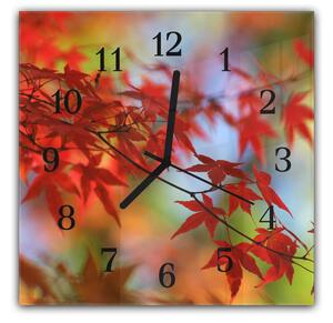 Nástěnné hodiny 30x30cm japonský javor větev a červené listí - kalené sklo