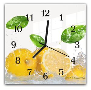 Nástěnné hodiny 30x30cm čerstvé citrony s lístky ve vodě - plexi