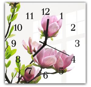 Nástěnné hodiny 30x30cm květy růžové magnolie a listí na bílém podkladu - plexi