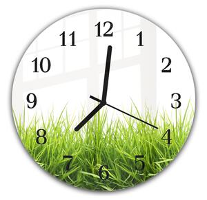 Nástěnné hodiny kulaté pr.30cm jarní zelená tráva na bílém podkladu - plexi