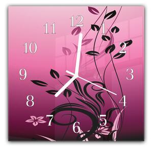 Nástěnné hodiny 30x30cm černé malované listí na růžovém podkladu - kalené sklo