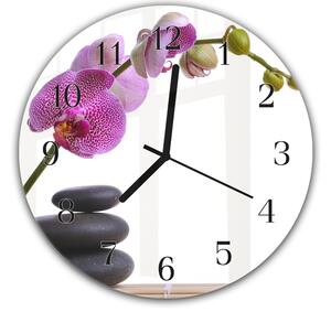 Nástěnné hodiny kulaté pr.30cm fialová orchidej nad zen kameny - plexi