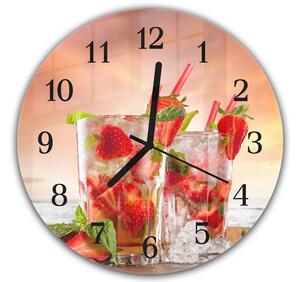 Nástěnné hodiny pr.30cm ovoce jahody ve sklenici a ledem a mátou - plexi