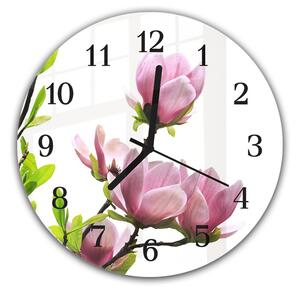 Nástěnné hodiny pr.30cm větev kvetoucí růžové magnolie - plexi