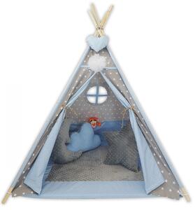 Stan teepee pro děti šedo-modrý (Stan Teepee + 3 polštářky měsíc, mrak a hvězda zdarma)