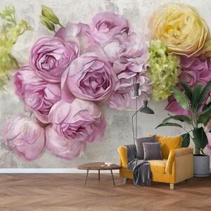Fototapeta - Květy na zdi v pastelových barvách (245x170 cm)
