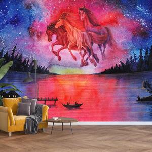 Fototapeta - Zjevení vesmírných koňů nad jezerem, aquarel (245x170 cm)