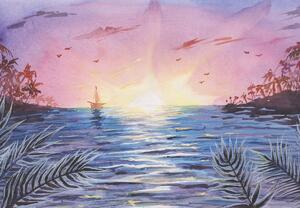 Fototapeta - Západ slunce nad vodou, aquarel (245x170 cm)