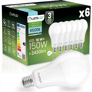 6x LED žárovka E27 A70 18W = 150W 2430lm 6500K studená bílá 260° Lumiled