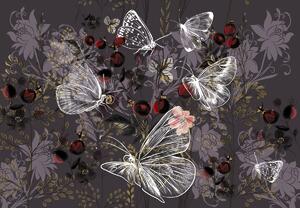 Fototapeta - Vintage motýli s květinami, fialová (245x170 cm)