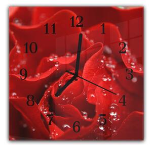 Nástěnné hodiny 30x30cm květ červené růže s rosou detail - plexi