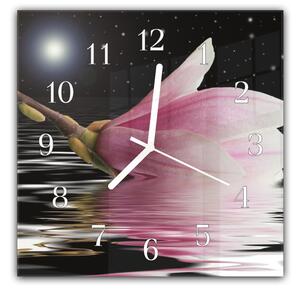 Nástěnné hodiny 30x30cm růžová magnolie na noční hladinou vody - plexi