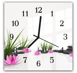 Nástěnné hodiny 30x30cm tráva, růžové květy, kameny - plexi