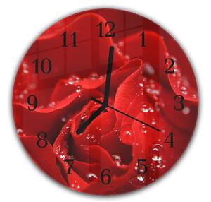 Nástěnné hodiny kulaté pr.30cm detail květu červené růže s rosou - plexi