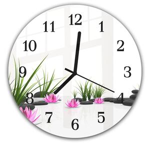 Nástěnné hodiny kulaté pr.30cm růžové květy, tráva a kameny - plexi