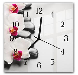 Nástěnné hodiny 30x30cm bílé květy orchideje, černý kámen, šedý poklad - plexi