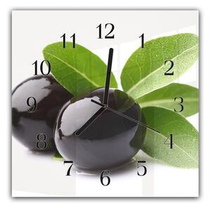 Nástěnné hodiny 30x30cm ovoce černé olivy na bílém podkladu - plexi