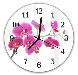 Nástěnné hodiny kulaté pr.30cm květy fialové orchideje - kalené sklo