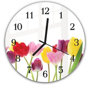 Nástěnné hodiny kulaté pr.30cm květy barevných tulipánů - plexi