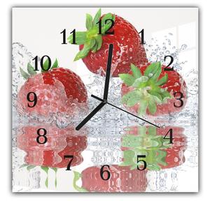 Nástěnné hodiny 30x30cm ovoce tři jahody ve vodě - plexi