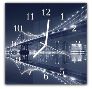 Nástěnné hodiny 30x30cm most Manhattan v noci - kalené sklo