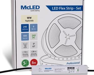 McLED LED pásek - sada 5 m, 240 LED/m, WW, 6 W/m, DC 24V, 500 lm/m, CRI90, IP67, 10 mm, vodič 3 m ML-126.034.90.S05001