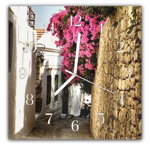 Nástěnné hodiny 30x30cm ulička a kamenná zeď s květy - plexi