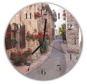 Nástěnné hodiny kulaté pr.30cm ulička ve městě Assisi Itálie - plexi