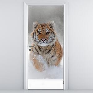 Fototapeta na dveře - Běžící tygr ve sněhu (95x205cm)