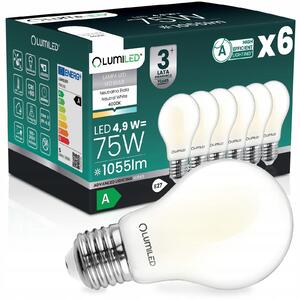 6x LED žárovka E27 filament třída A 4,9W 1055LM = 75W 4000K 360° Lumiled