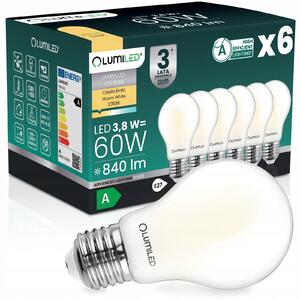 6x LED žárovka E27 filament, třída A, 3,8W 840LM (ekvivalent 60W), 2700K, 360° Lumiled